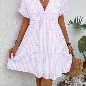 SHEIN Lavender V-Neck Short Sleeve Gingham Midi Dress